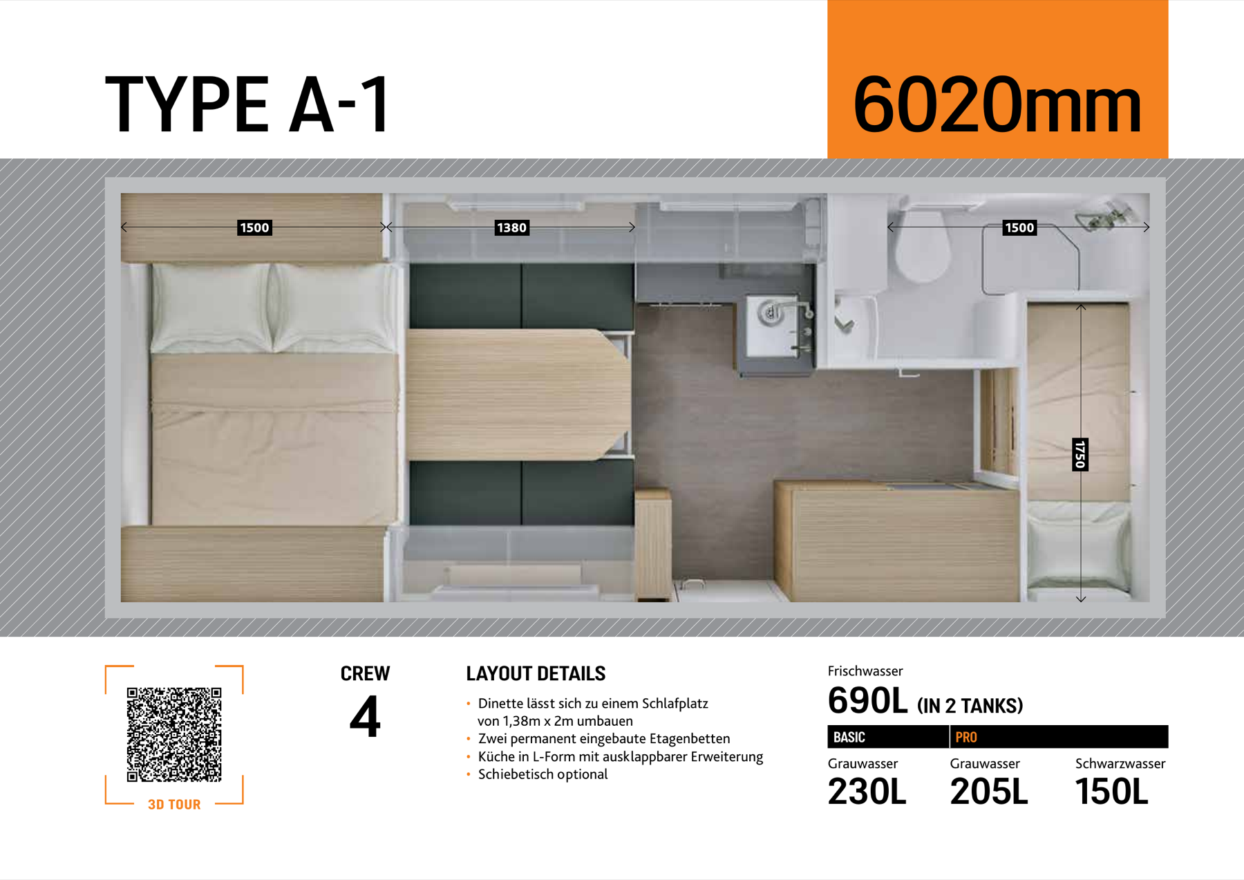 Krug Type A-1 6020mm floor plan — master bed, two etagenbetten, convertible dinette, bathroom and L-shaped kitchen